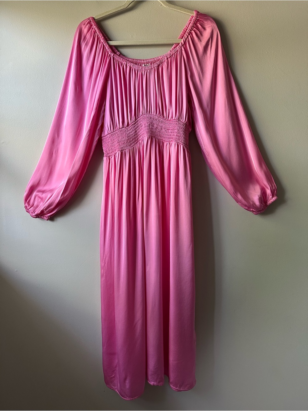 Aerie Pink Smocked Waist Satin Textured Long Sleeve Midi Vacation Dress Size M